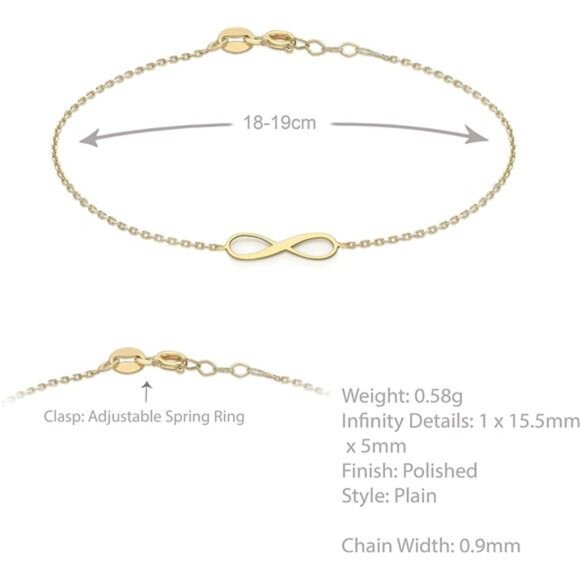 9ct Yellow Gold Infinity Bracelet Adjustable Womens Gold Jewelry Gift for Her - Picture 4 of 7